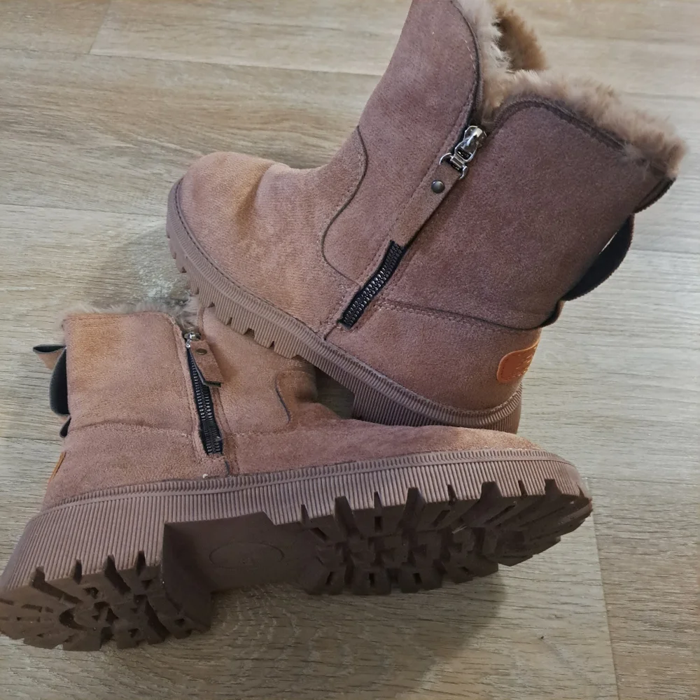 Fashion Boots Tan Brown Mid-Calf Suede Like Faux Fur-Lined Zipper Women Size 39